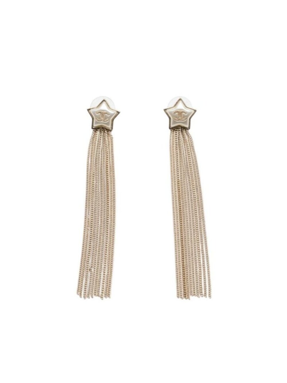 Chanel CC Logo Tassel Star Motif Earrings 17A Gold Plated Faux Pearl